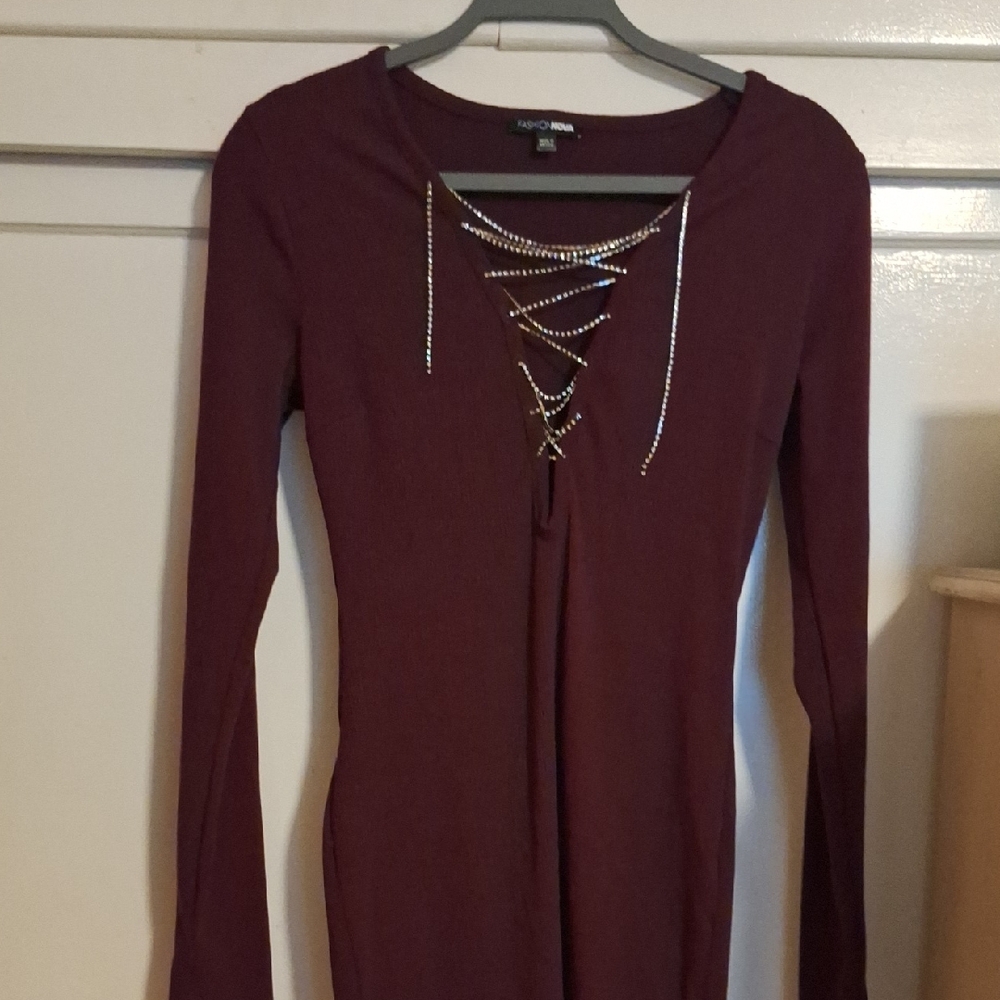 Fashion Nova Wine Long Sleeve Dress with Lace-Up Detail
